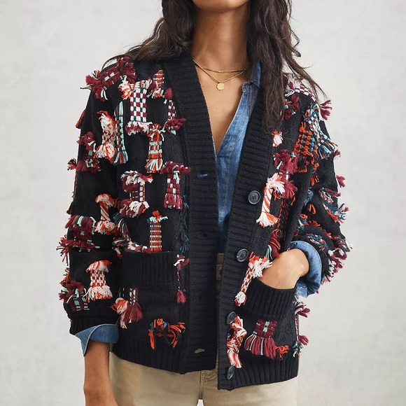 NEW! Anthropologie Felia Fringed Patchwork Cardigan - Picture 1 of 13